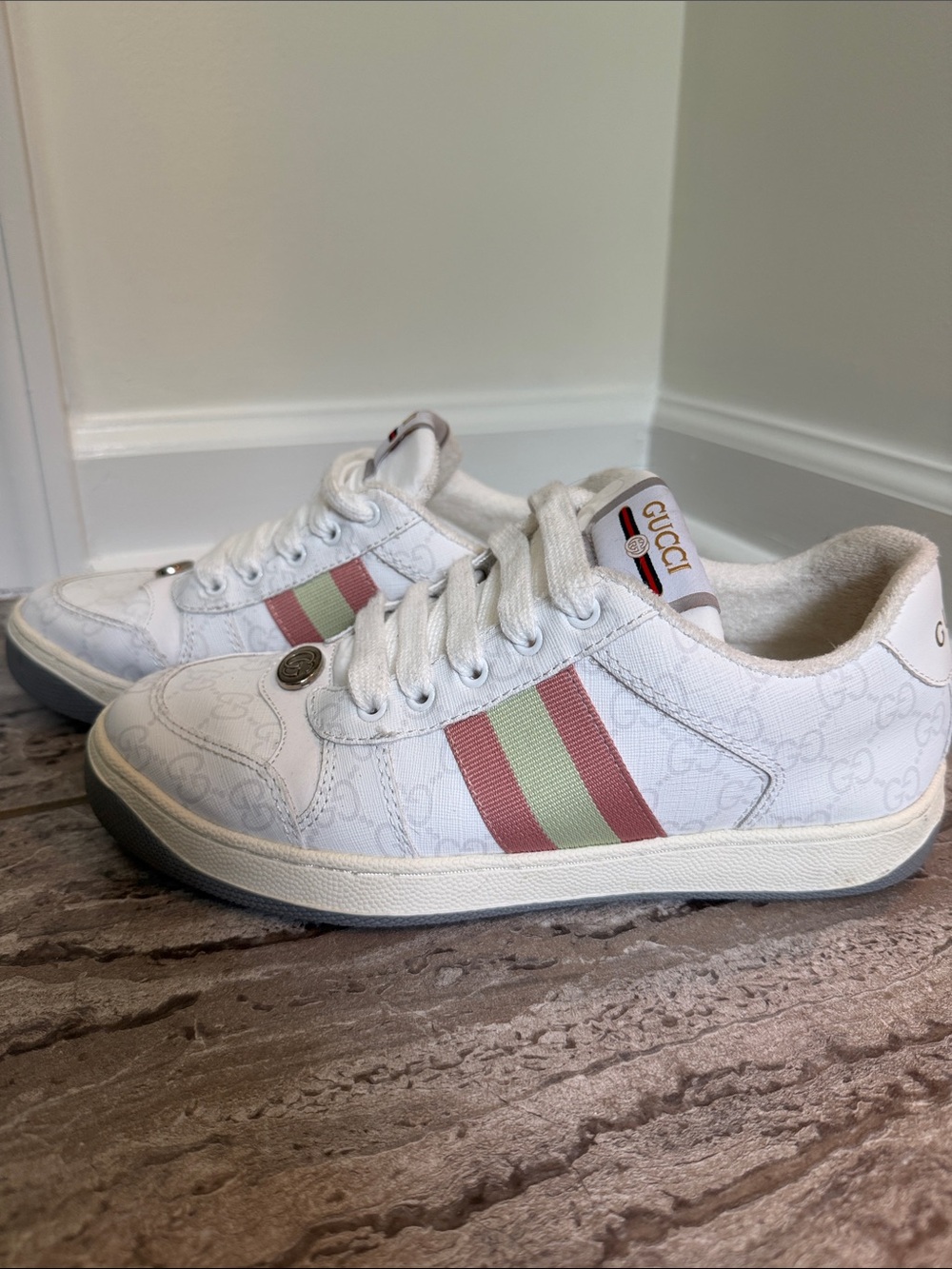 Designer inspired women’s White Sneakers with pink & Green Web Detail